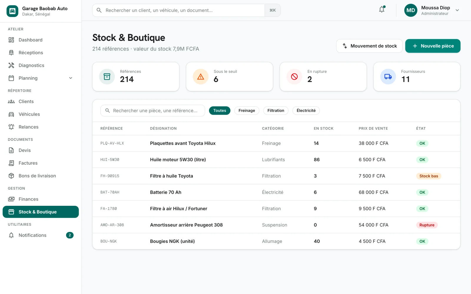 Gestion du stock de pièces dans Sama Garage